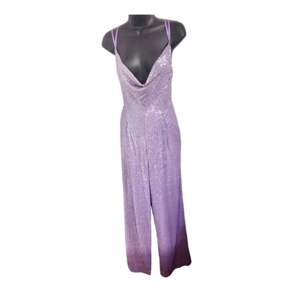 Anthropologie x Ranna Gill lavender sequin cowlneck open‎ back jumpsuit size XS